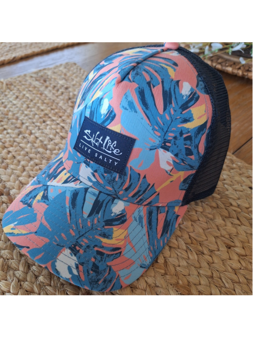 Salt Life Coral Blue Tropical Leaf Trucker Hat